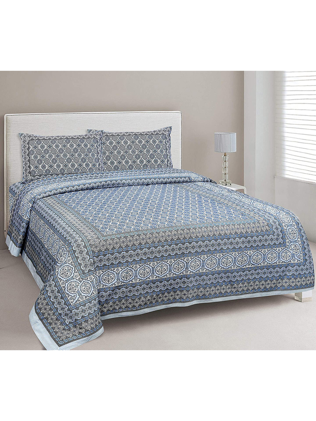 EasyGoods Traditional Ethnicjaipuri Blue Ethnic Motifs Cotton 240 TC King Fine Bedsheet with 2 Pillow Covers-108 x 108 inches