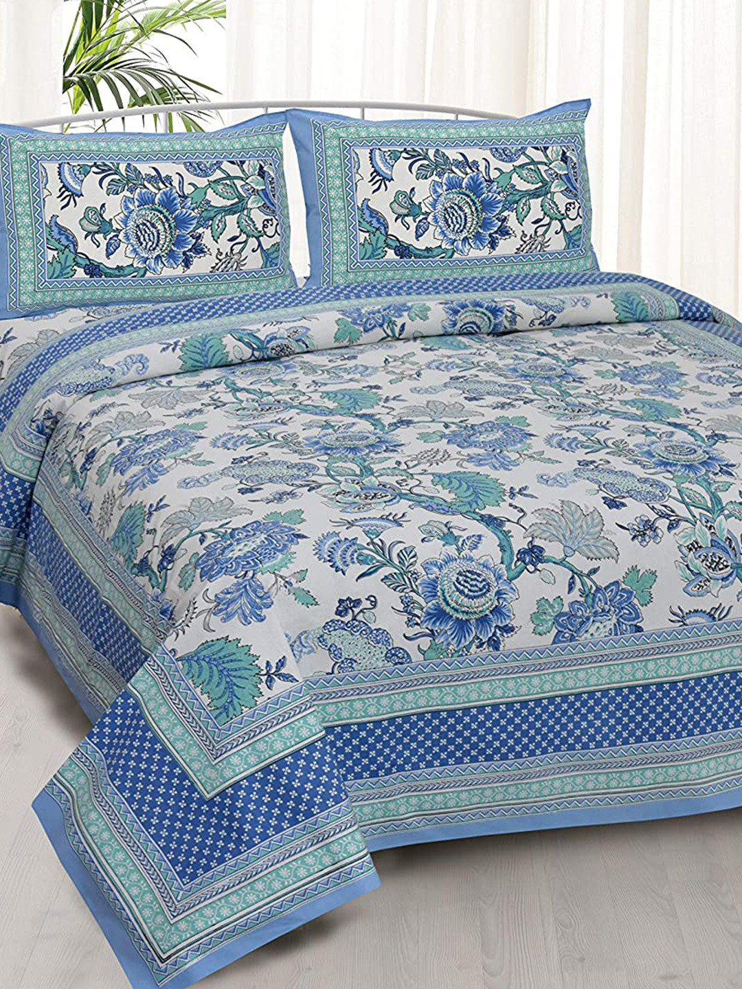 EasyGoods Blue Floral Cotton 240 TC King Fine Bedsheet with 2 Pillow Covers-274 x 274 cm