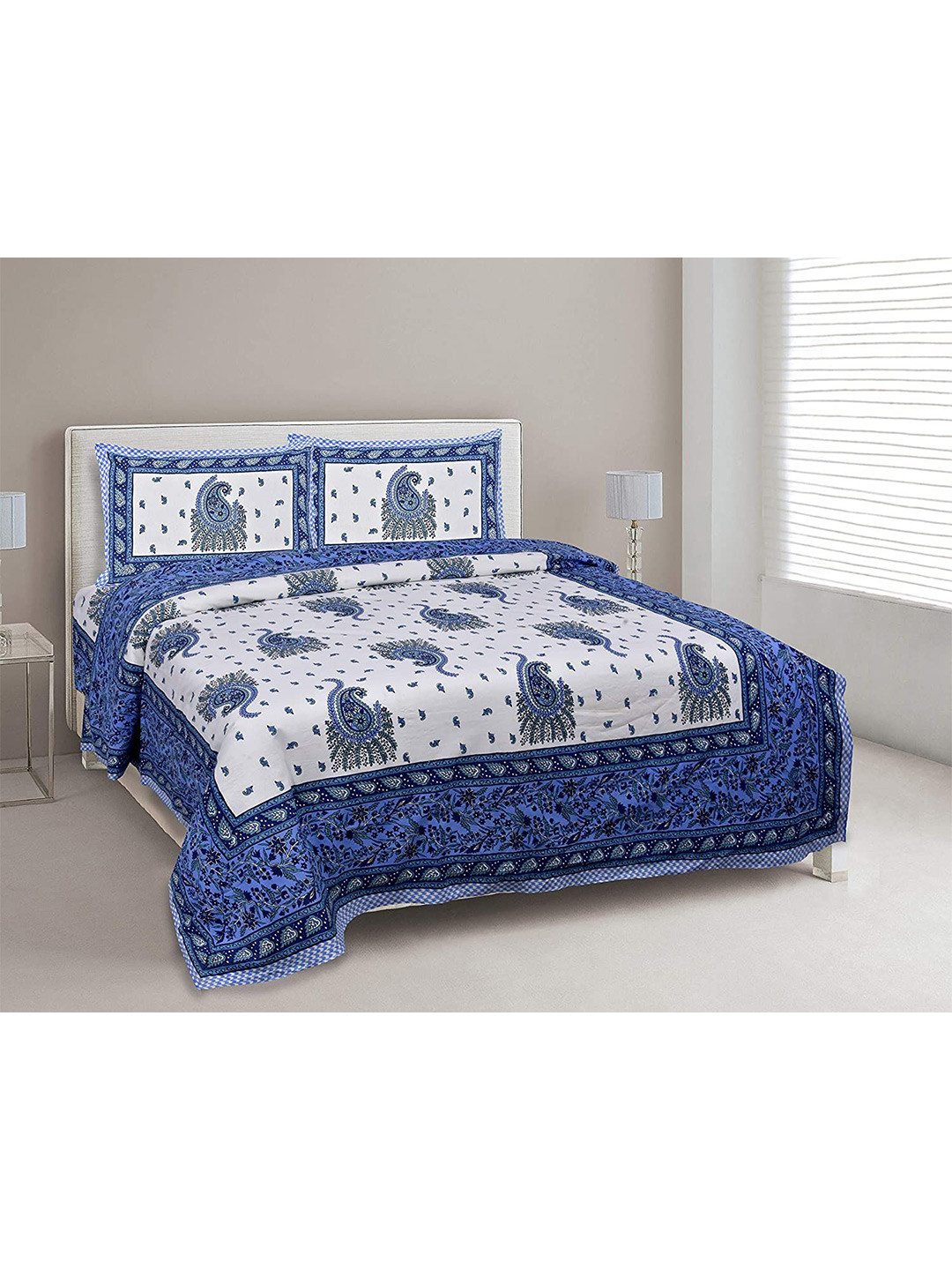 EasyGoods Traditional Ethnicjaipuri White Ethnic Motifs Pure Cotton 240 TC King Fine Bedsheet with 2 Pillow Covers-108 x 108 inches