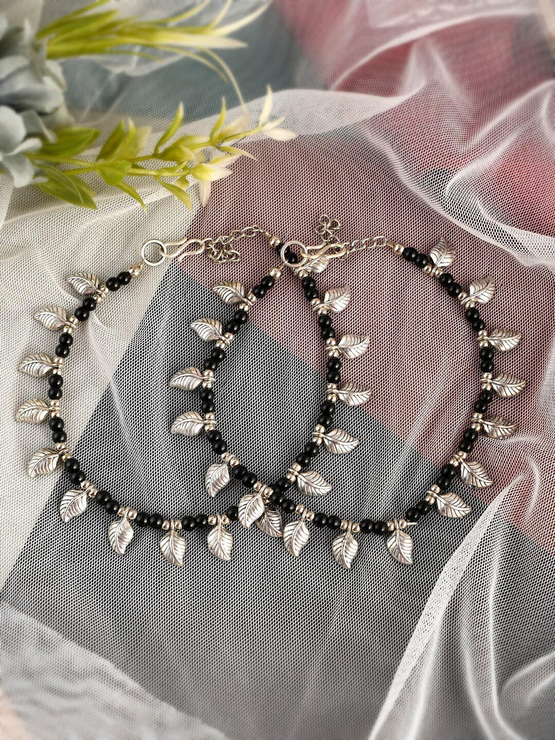 Silvermerc Designs Set Of 2 Silver-Plated Black Stone Beaded Anklet