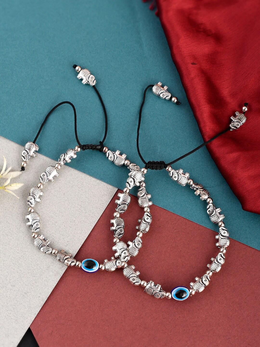 Silvermerc Designs Silver-Plated Black Stone Studded Oxidized Evil Eye Anklet