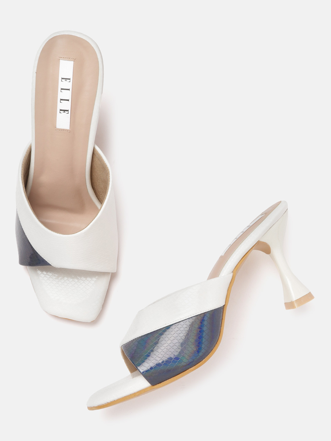 ELLE White & Navy Blue Colourblocked Iridescent Effect Slim Heels