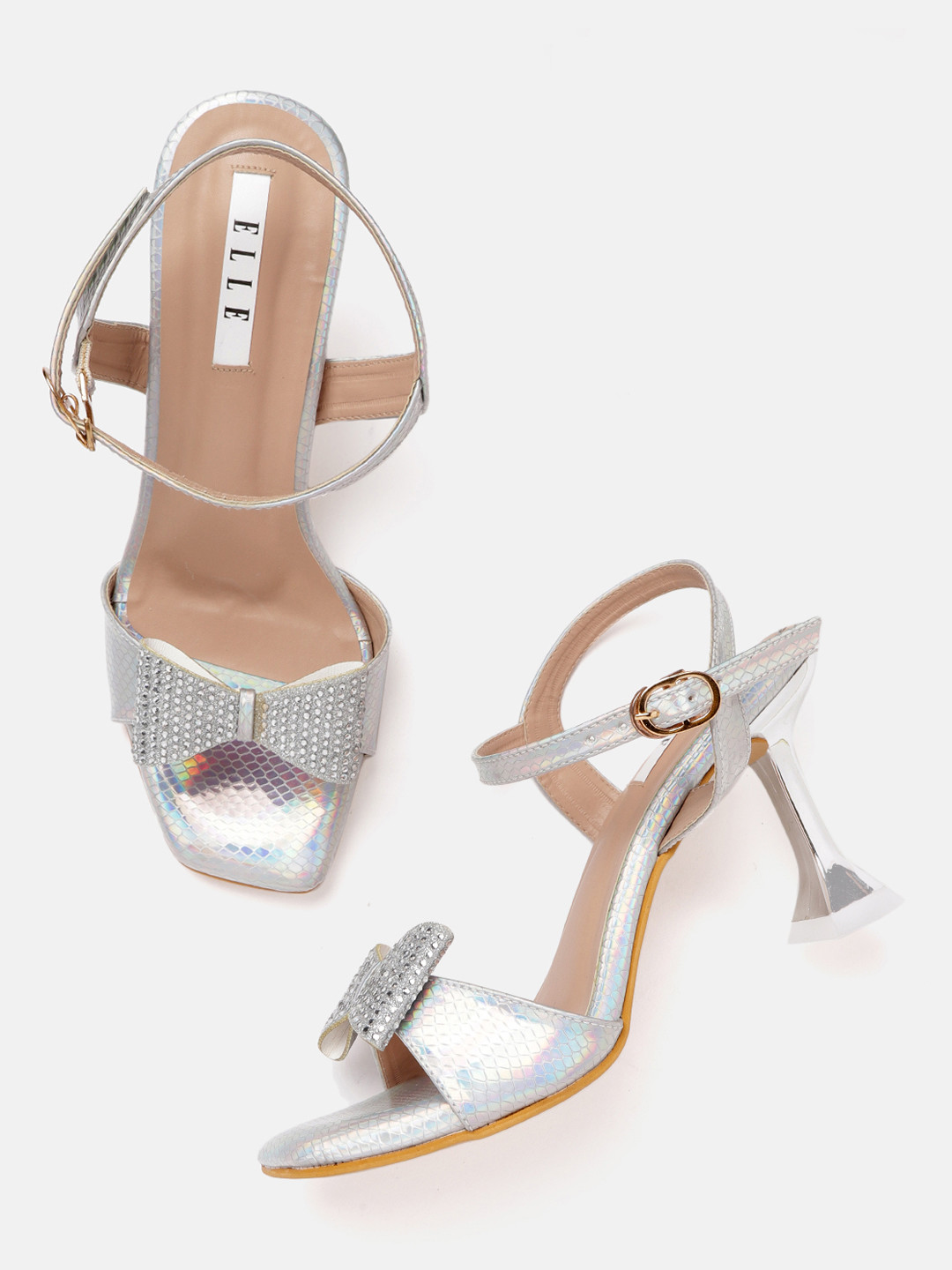 ELLE Silver-Toned Iridescent Effect Party Slim Heels with Embellished Bow Detail