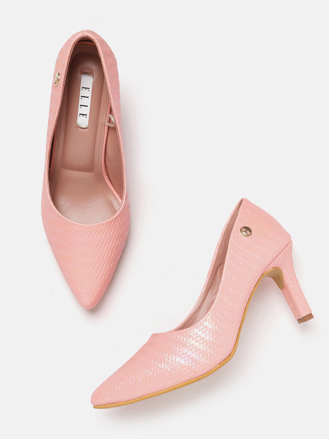 ELLE Peach-Coloured Basket Weave Textured Stiletto Pumps
