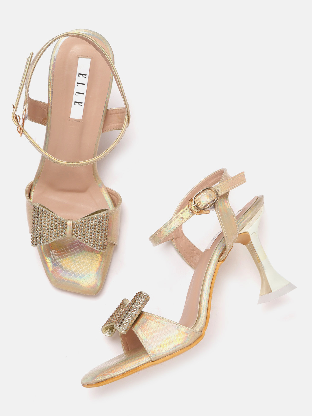 ELLE Gold-Toned Snake Skin Textured Stone Embellished Heels with Bow Upper
