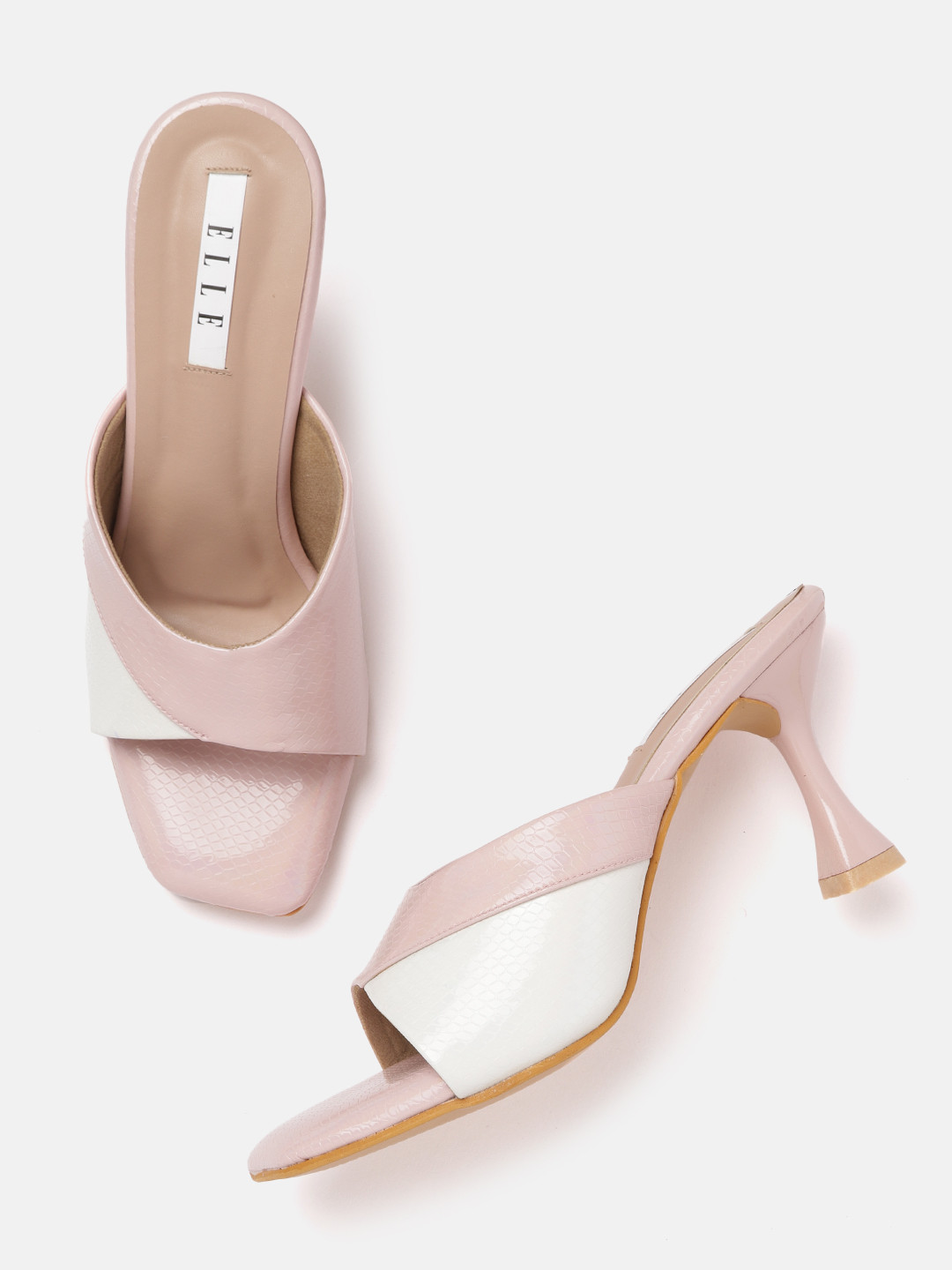 ELLE Pink & White Iridescent Effect Colourblocked & Textured Slim Heels