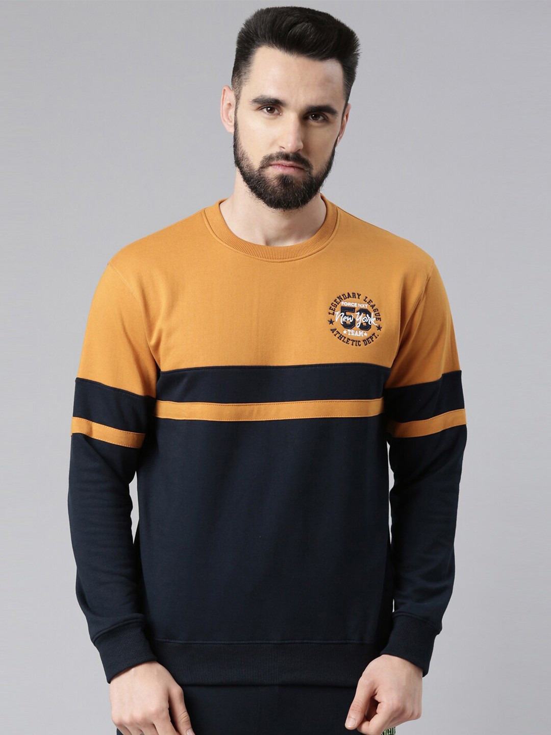 Force NXT Men Navy Blue & Yellow Colourblocked Sweatshirt