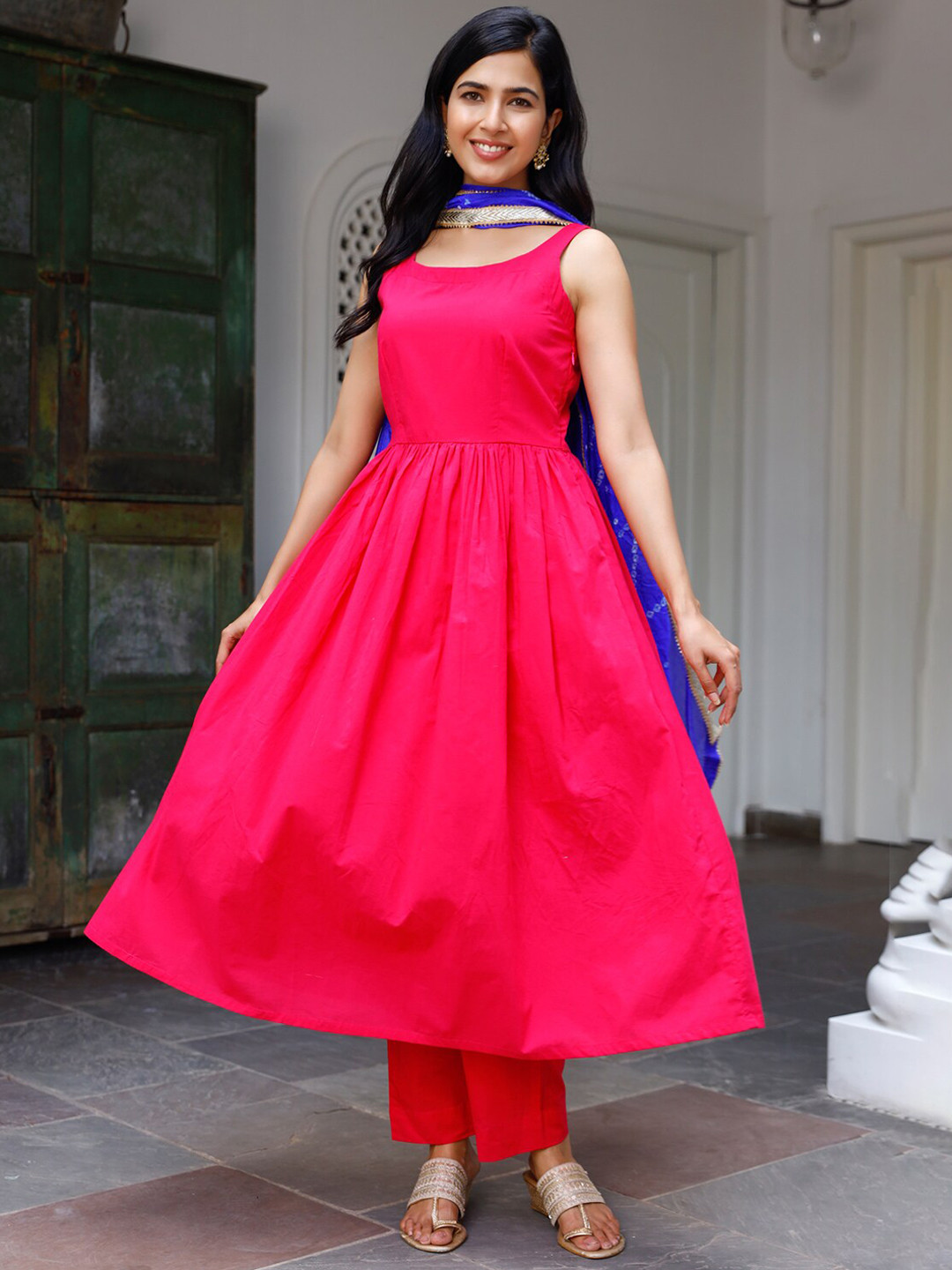 Ambraee Women Pink Pleated Kurta with Trousers & With Dupatta