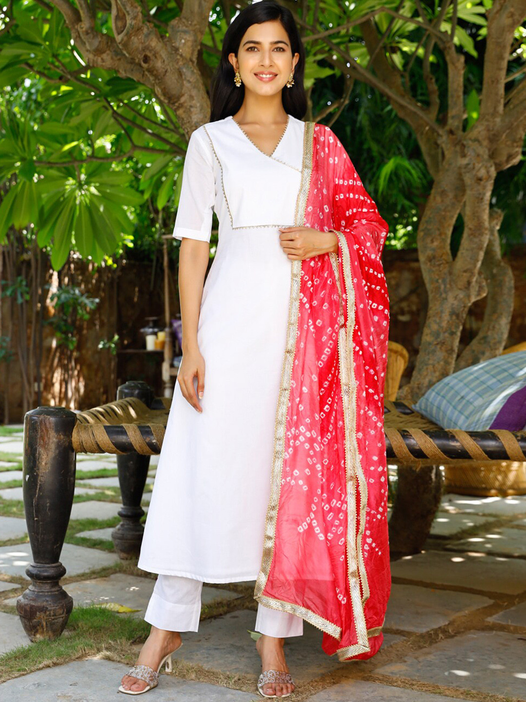 Ambraee Women White Angrakha Kurta with Trousers & Dupatta Set