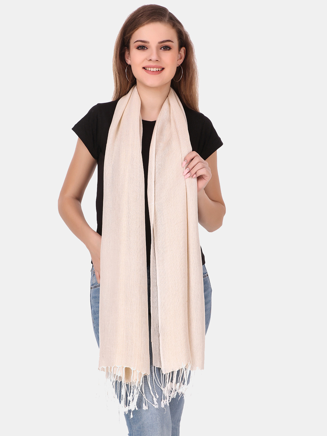 FWC FILL WITH COLOURS Women White Woven Design Stole