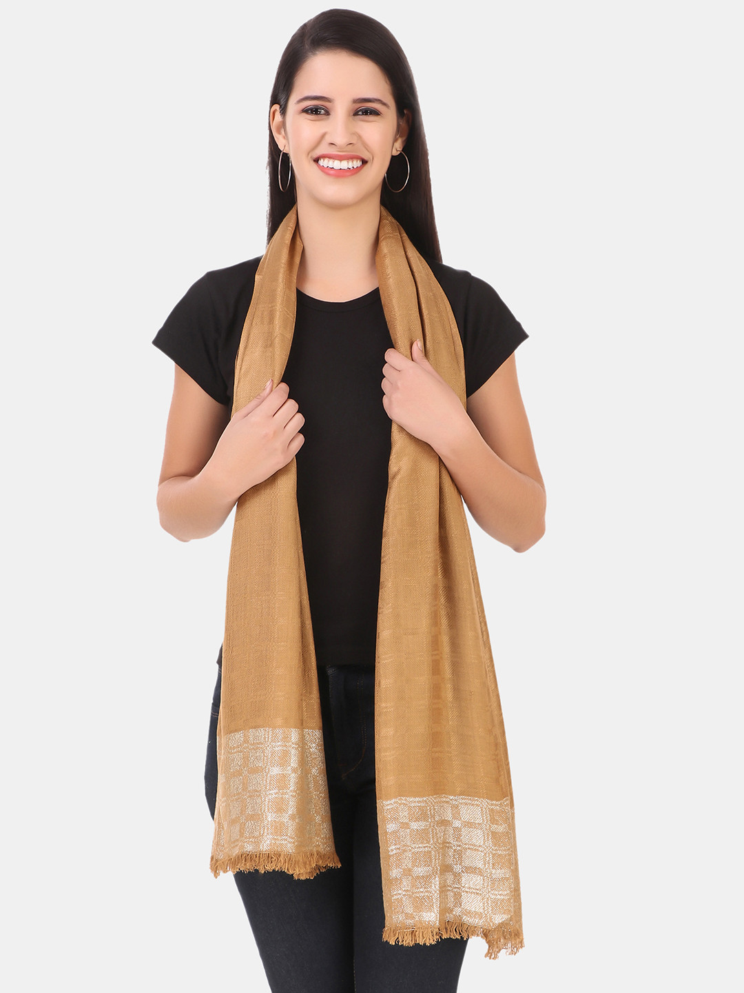 FWC FILL WITH COLOURS Women Yellow & White Woven Design Stole