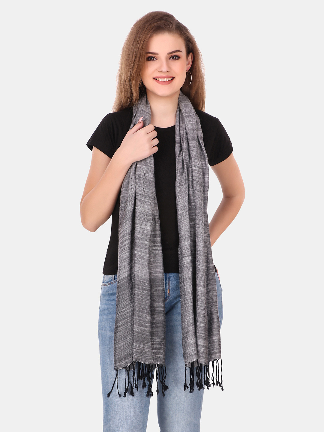 FWC FILL WITH COLOURS Women Grey & Black Woven Design Rayon Stole