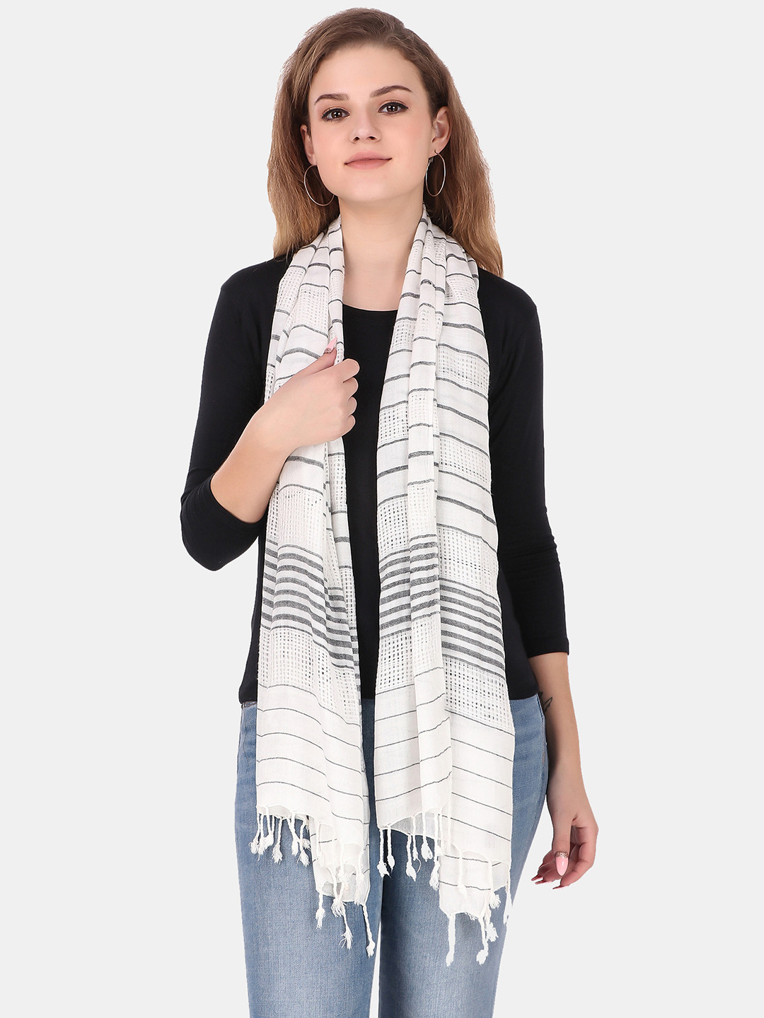 FWC FILL WITH COLOURS Women White & Black Woven Design Stole