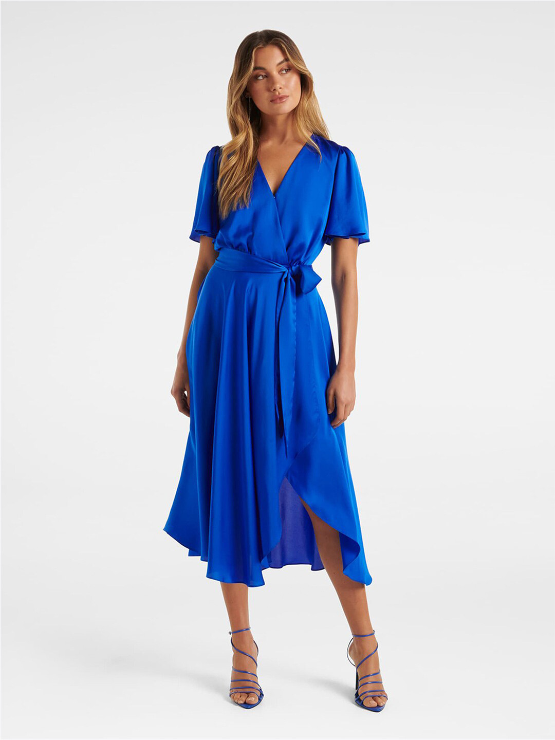 Forever New Blue Solid Satin Midi Dress