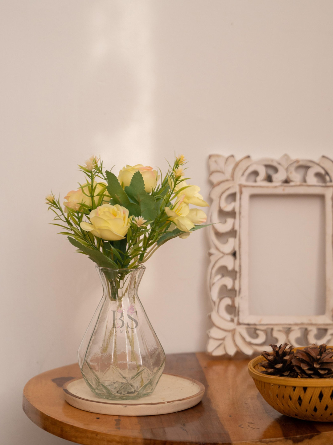 BS AMOR Yellow & Green Artificial Flower Bunch with Glass Vase