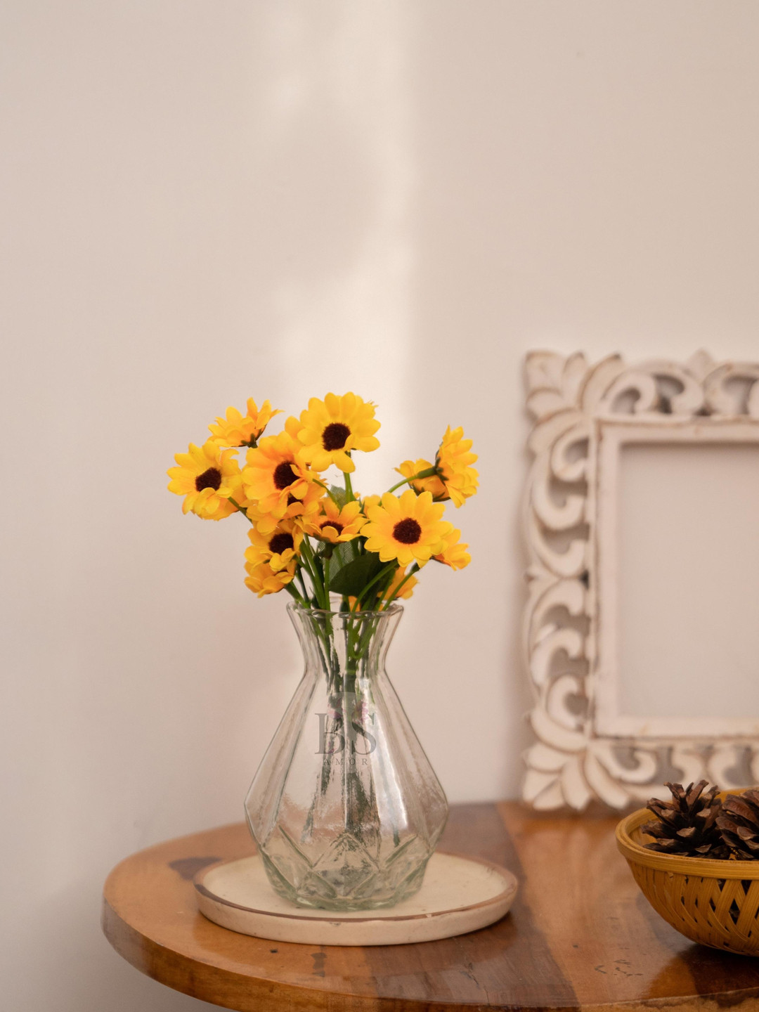 BS AMOR Artificial Sunflower Plant With Glass Vase