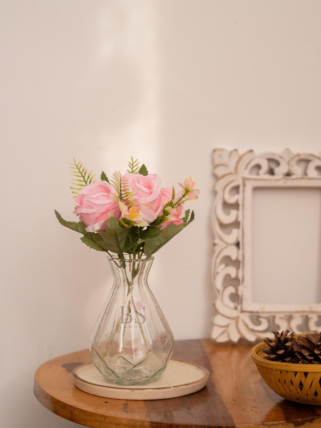 BS AMOR Pink Rose Artificial Flower Bunch With Glass Vase