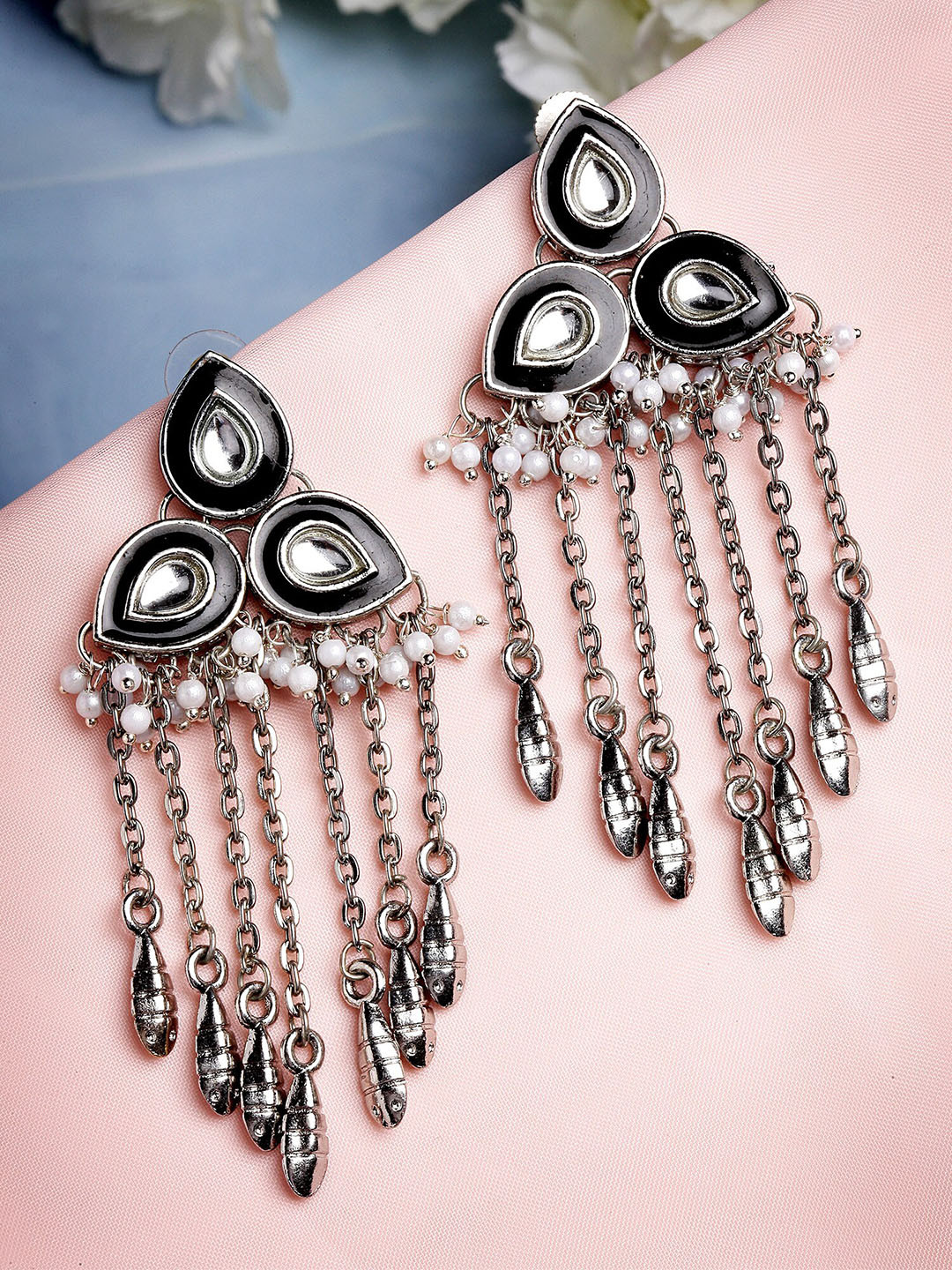 KARATCART Black & White Silver-Plated Contemporary Drop Earrings