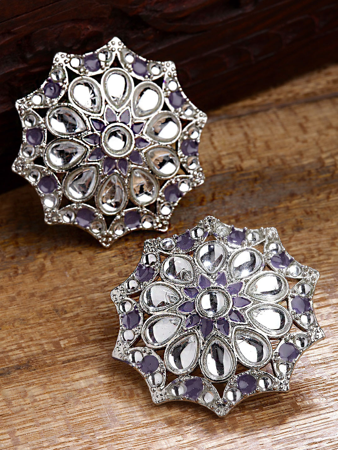 KARATCART Kundan Meena Silver-Plated Studs