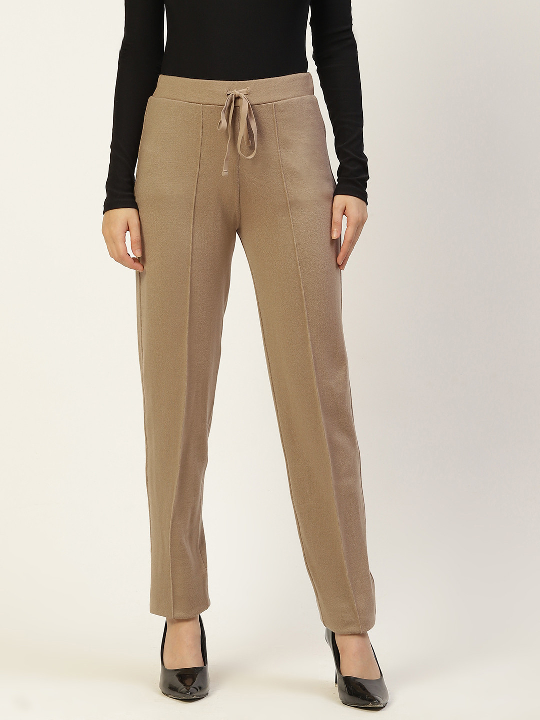 RVK Women Camel Brown Solid Regular Fit Knitted Trousers