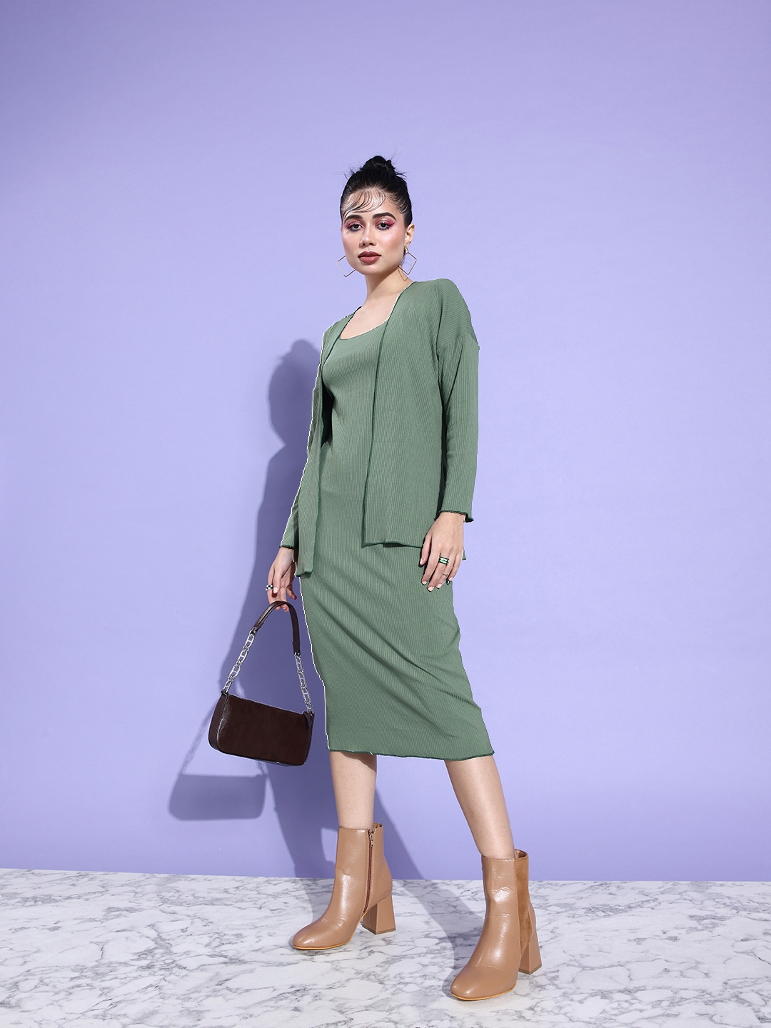 Buy ANVI Be Yourself Green Bodycon Midi Dress With Shrug Dresses