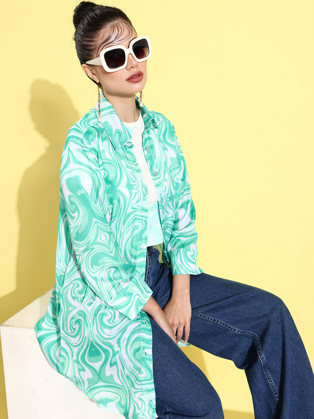 ANVI Be Yourself Women Turquoise Blue Printed Casual Satin Shirt