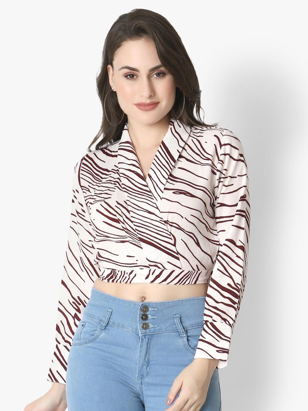 Again fashions Women White & Brown Geometric Printed Wrap Crop Top
