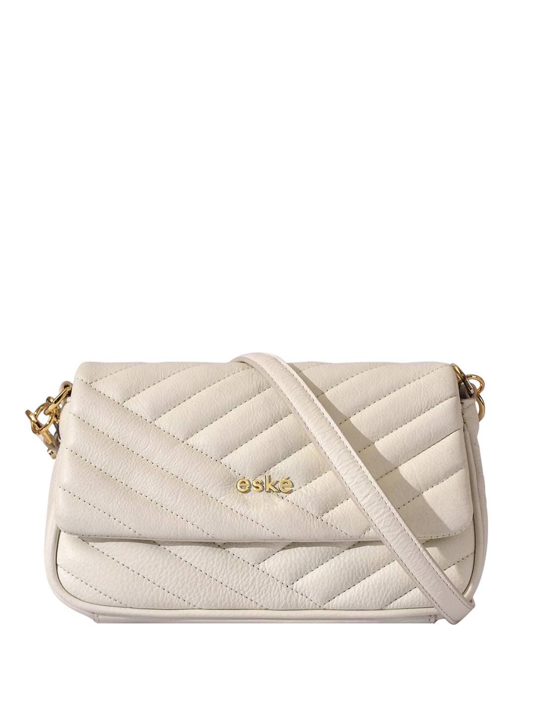 eske Women White Quilted Gold Chain Strap Compact Leather Shoulder Bag