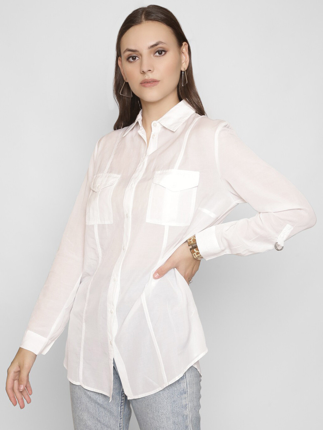 250 DESIGNS Women White Standard Semi Sheer Casual Shirt