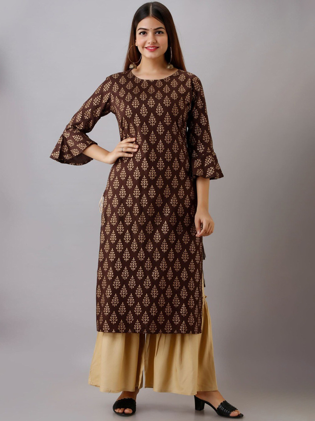 MAUKA Women Coffee Brown Ethnic Motifs Printed Kurta with Sharara