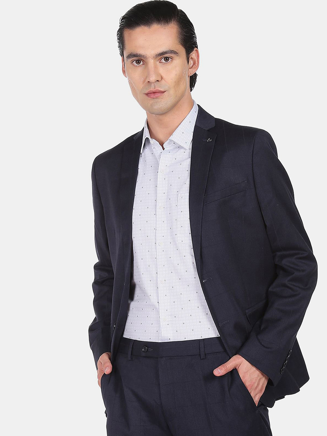 Arrow Men Navy Blue Checked Single-Breasted 2-Piece Suit