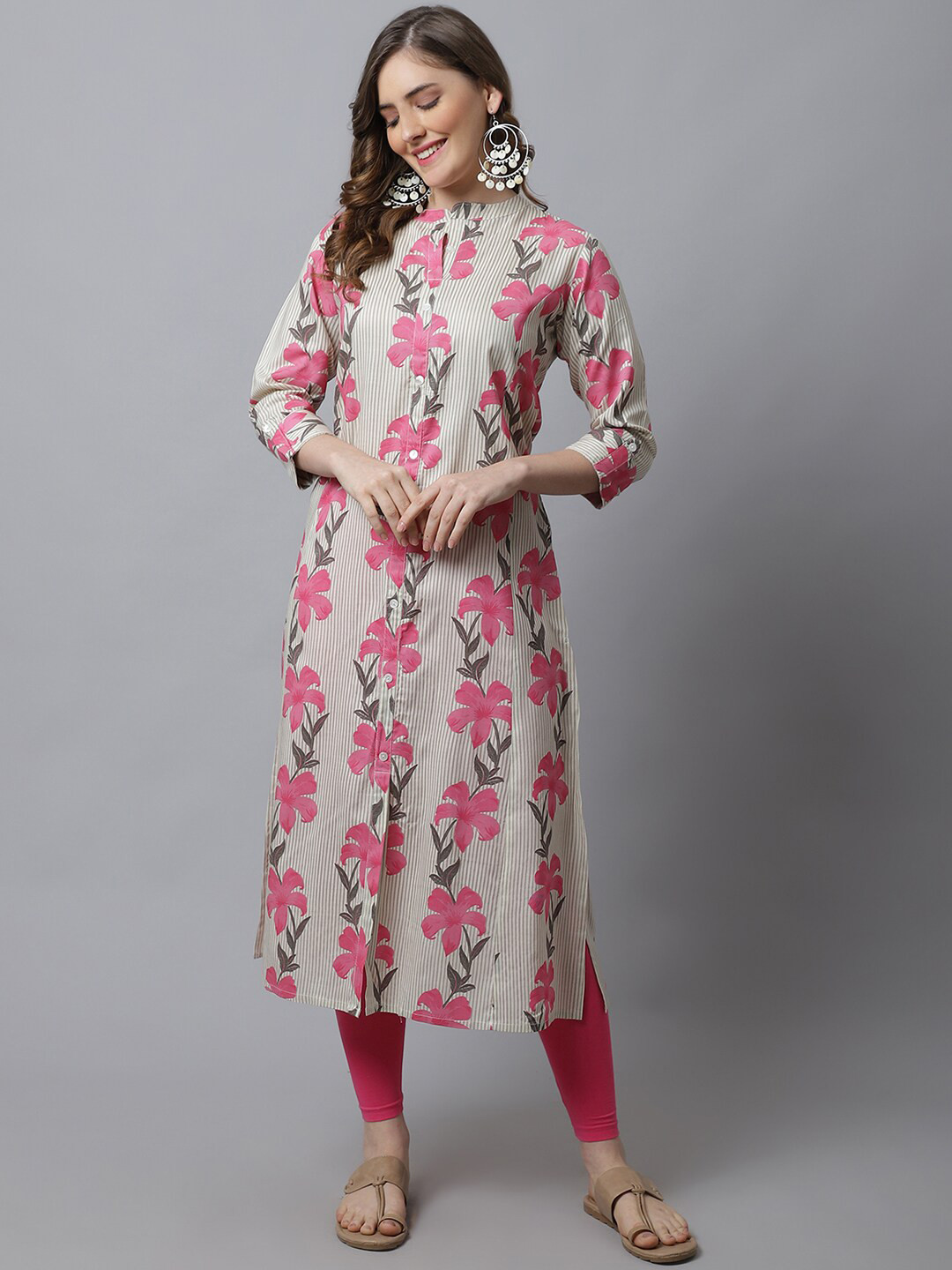Pistaa Women Grey & Pink Floral Printed Kurta