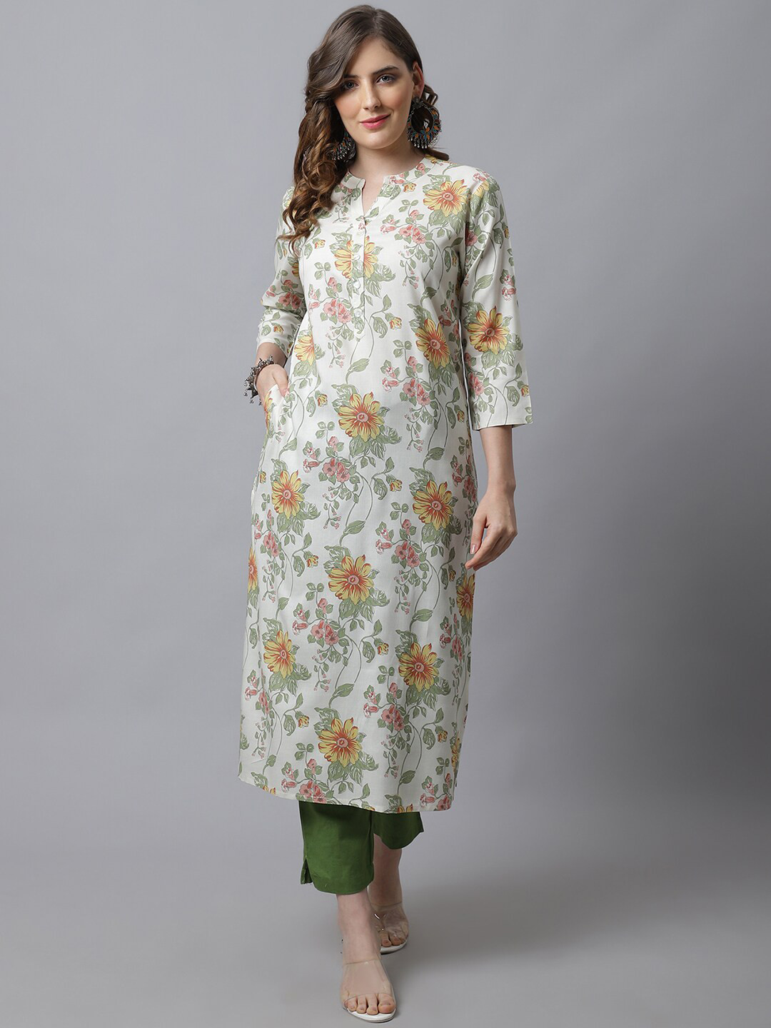 Pistaa Women Olive Green & Yellow Floral Printed Straight Kurta
