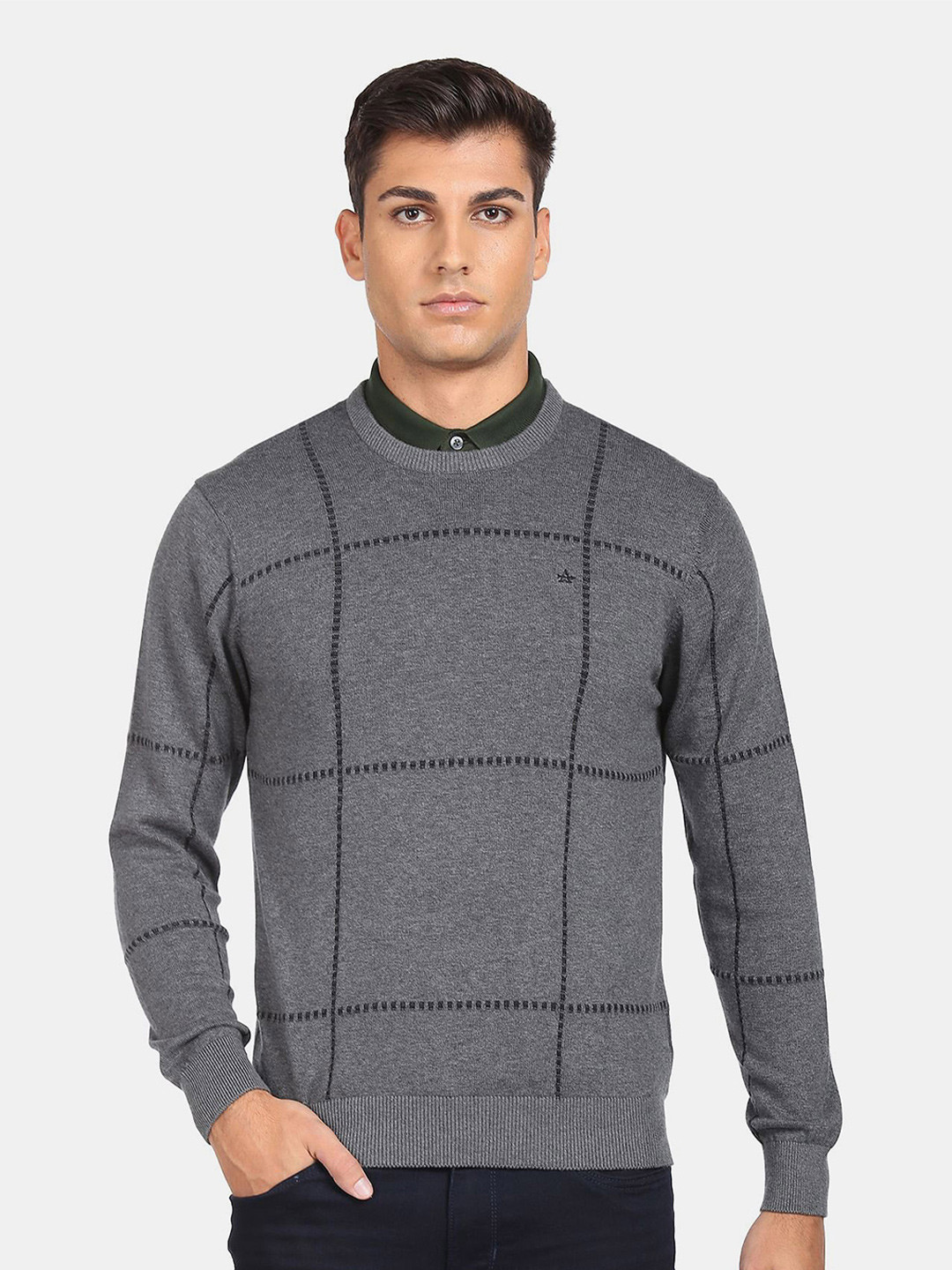 Arrow Men Dark Grey Crew Neck Windowpane Check Sweater