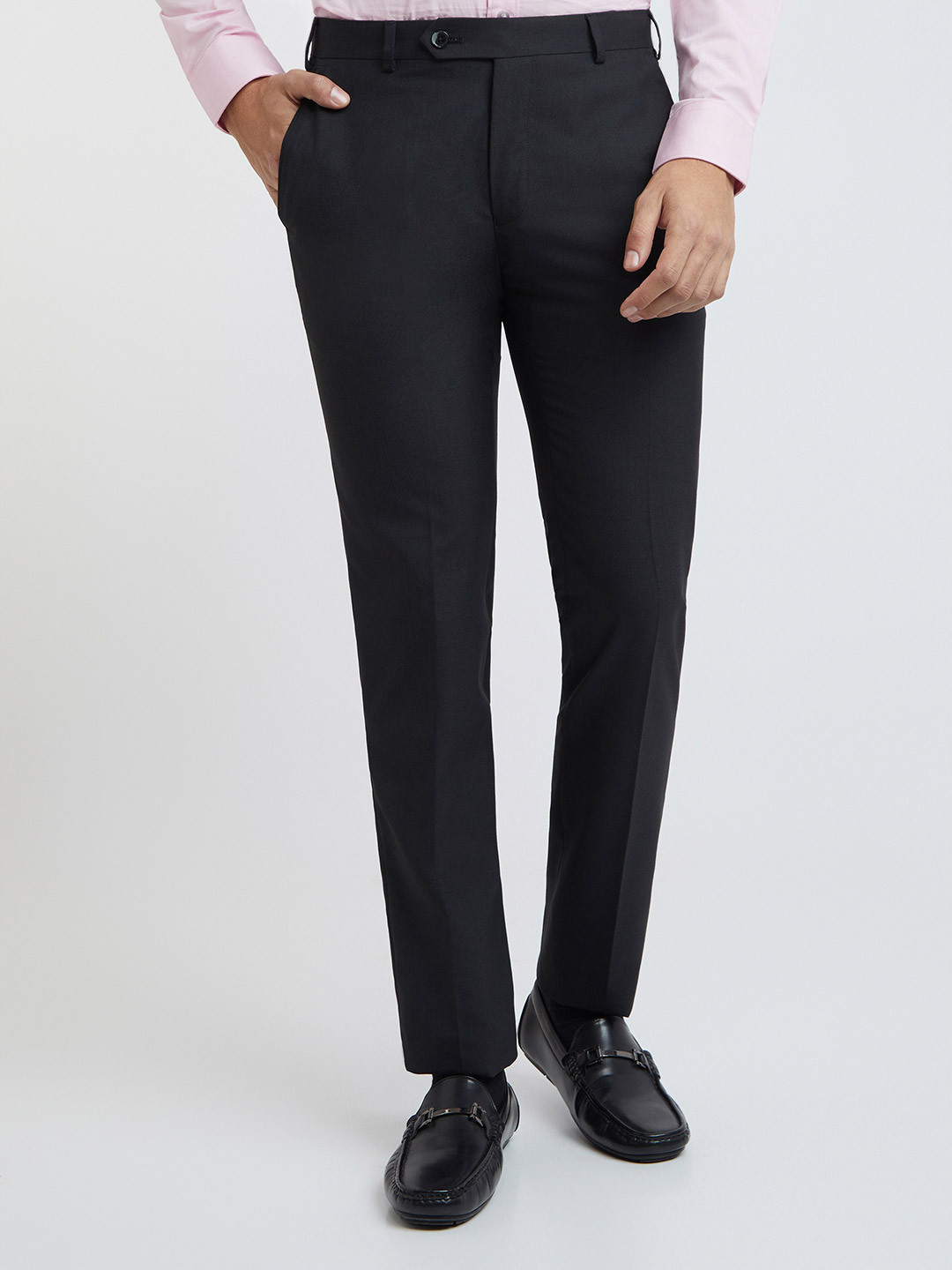 Raymond Men Black Solid Slim Fit Flat-Front Formal Trousers