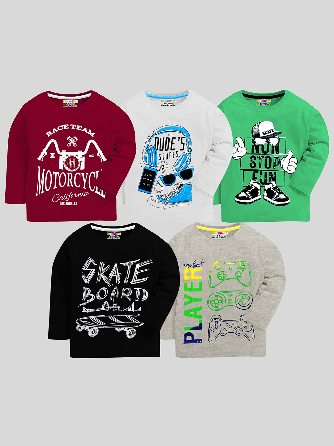 KUCHIPOO Boys Pack Of 5 Maroon & Grey Typography Printed T-shirt