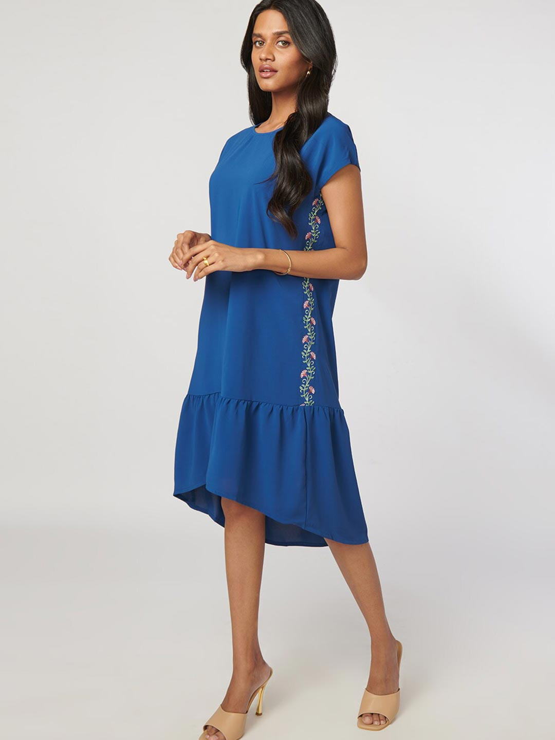 NOT SO PINK Women Blue Embroidered Drop-Waist Dress