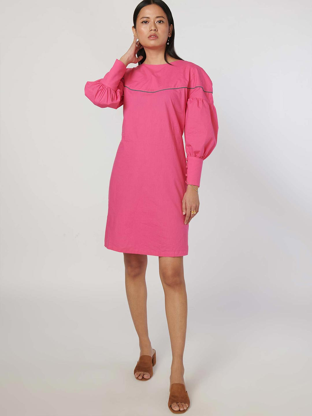 NOT SO PINK Women Pink Solid Puff Sleeves Sheath Dress