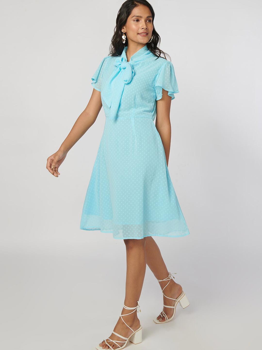 NOT SO PINK Women Blue Self Design Tie-Up Neck A-Line Dress