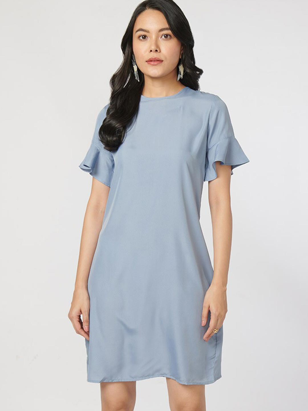 NOT SO PINK Grey Solid Flare Sleeve A-Line Dress