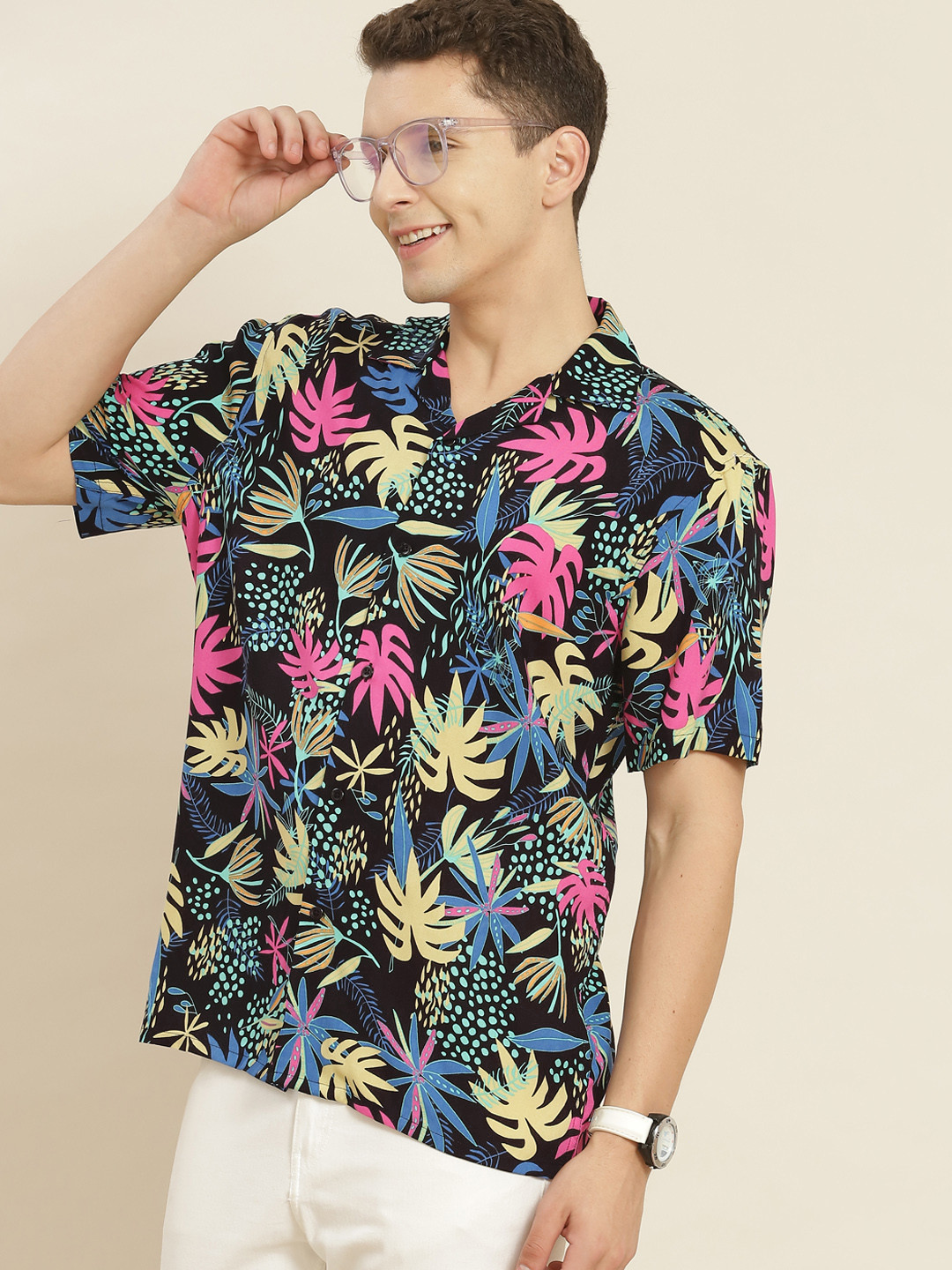 Hancock Men Black & Pink Printed Relaxed Fit Viscose Rayon Casual Resort Shirt