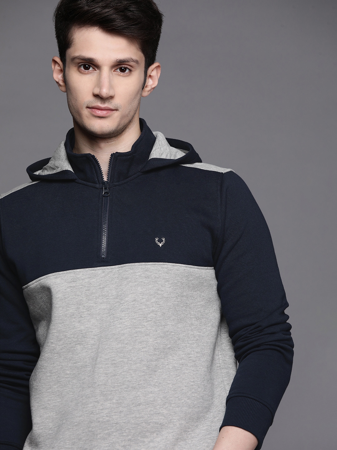 Buy Allen Solly Men Grey Melange & Navy Blue Colourblocked Hooded