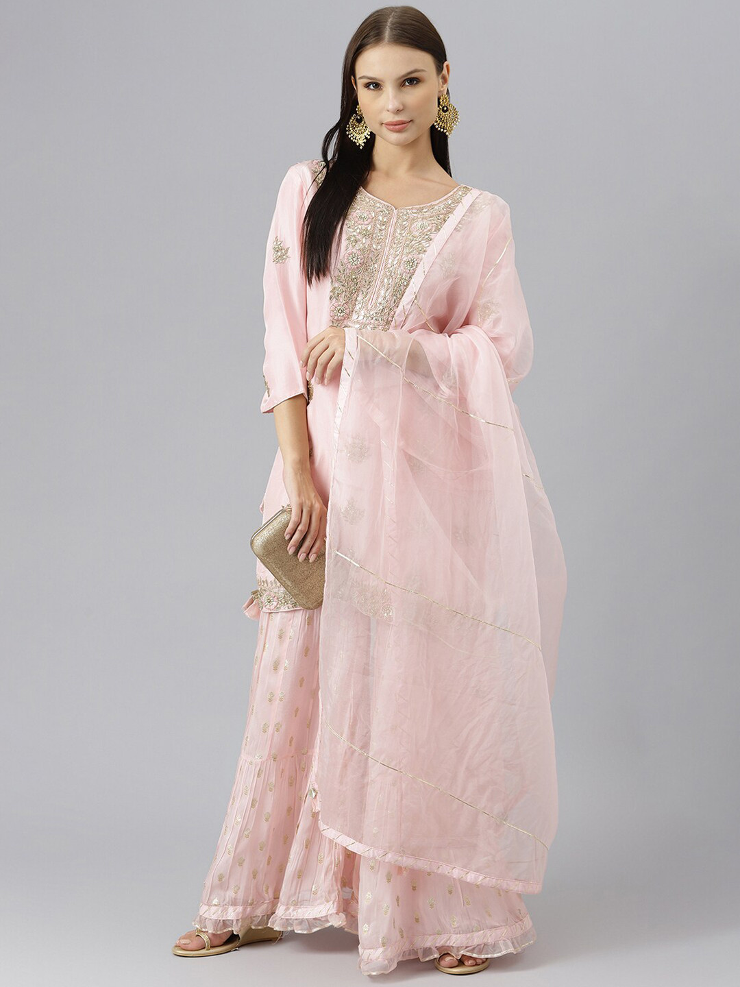 Divena Women Pink Yoke Design Zardozi Chanderi Silk Kurta with Sharara & With Dupatta