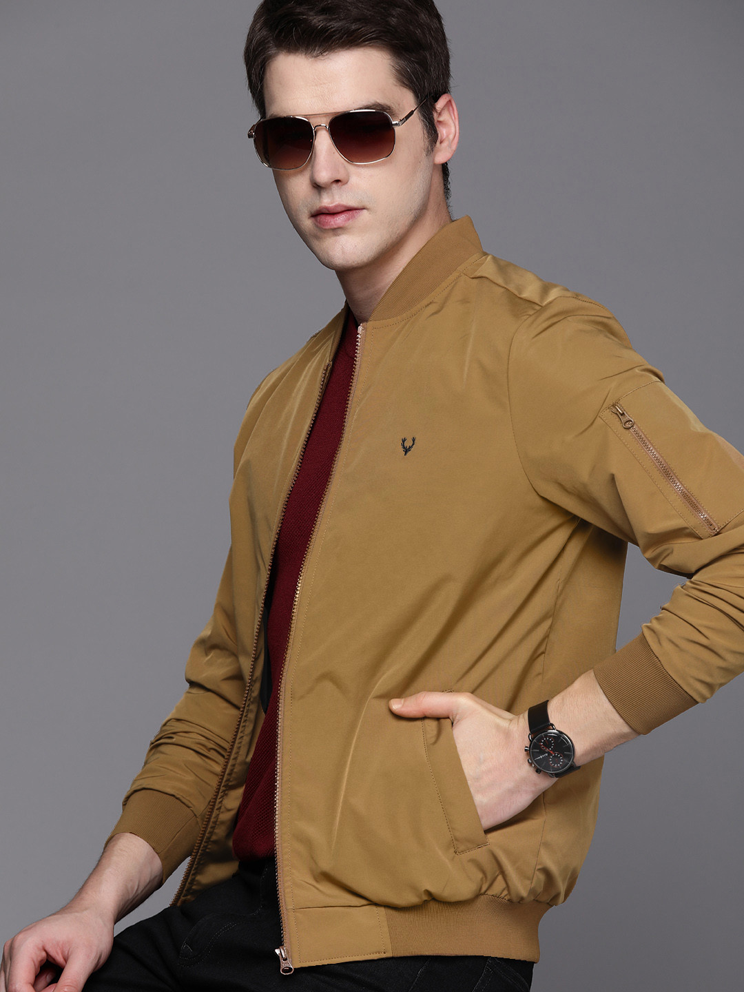 Allen Solly Men Brown Solid Bomber Jacket