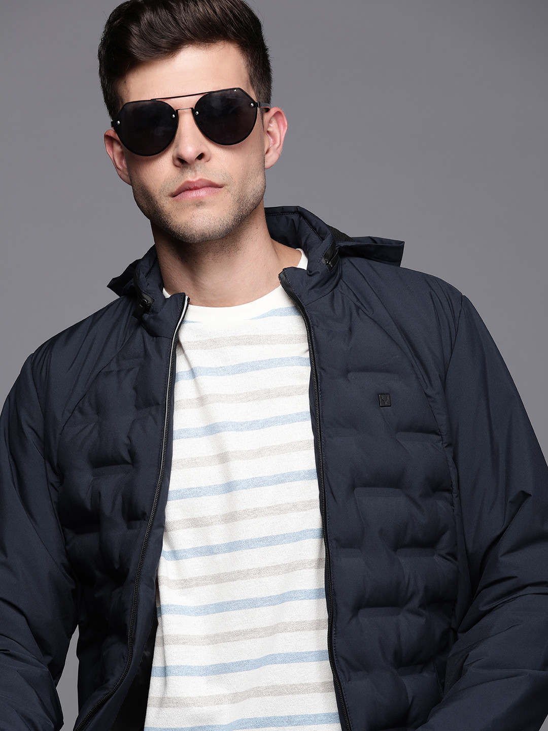 Allen Solly Men Navy Blue Solid Hooded Padded Jacket