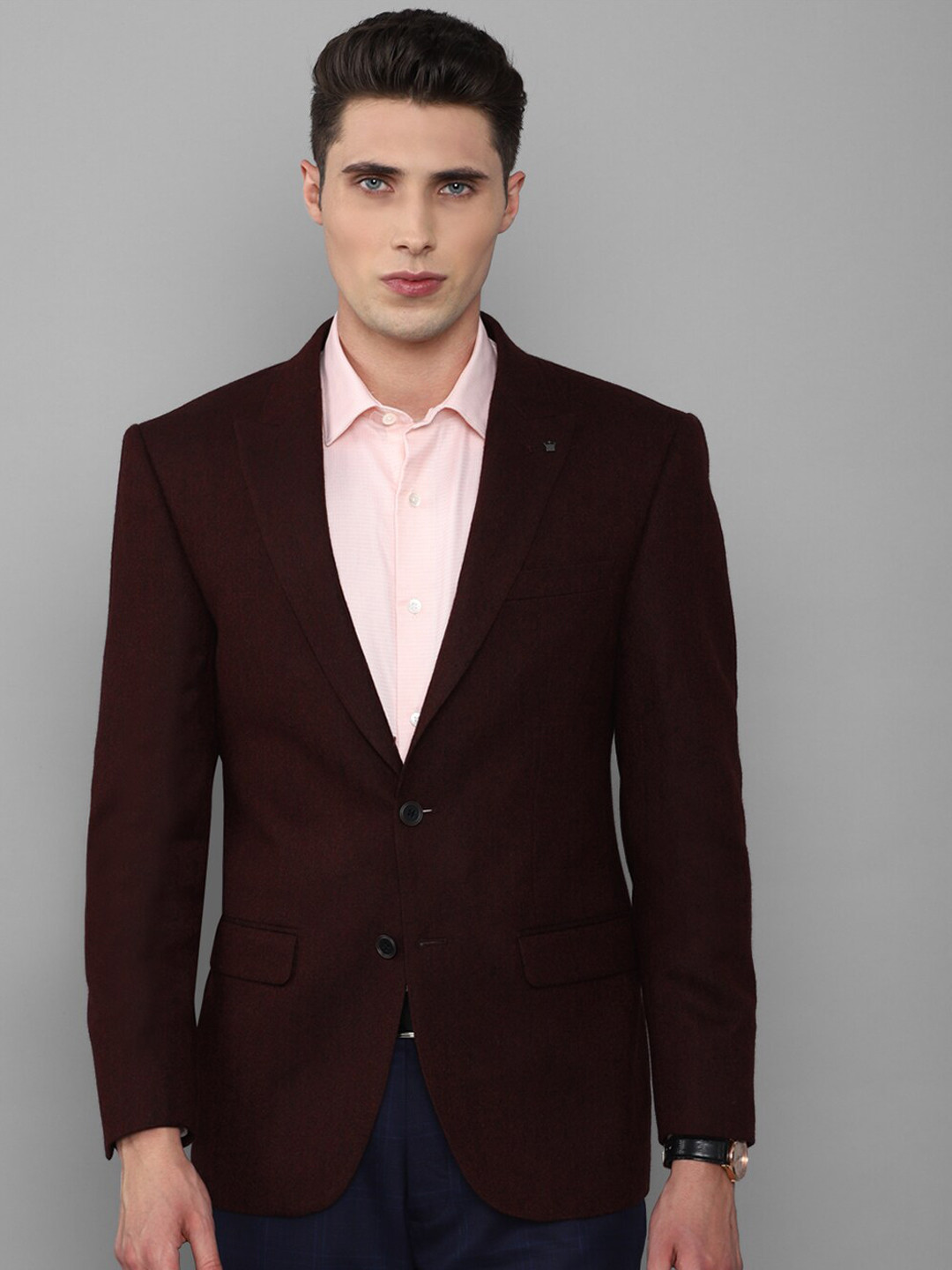 Louis Philippe Men Maroon Solid Regular-Fit Single-Breasted Pure Woolen Blazer