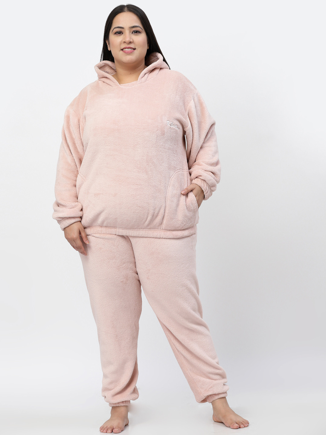 KLOTTHE Women Plus Size Pink Woolen Hooded Night suit