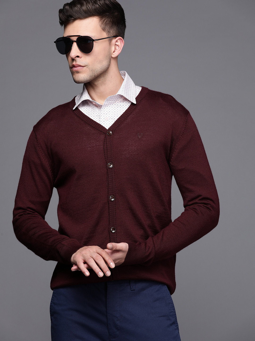 Allen Solly Men Maroon Solid Cardigan