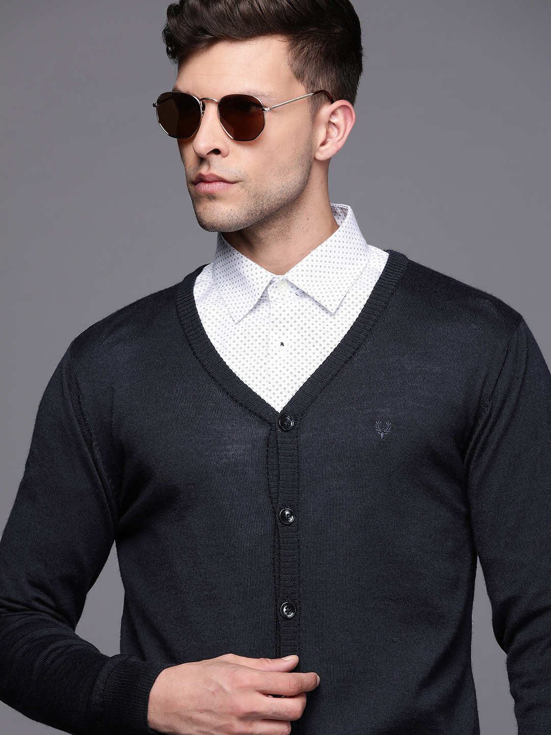 Allen Solly Men Navy Blue Solid Cardigan