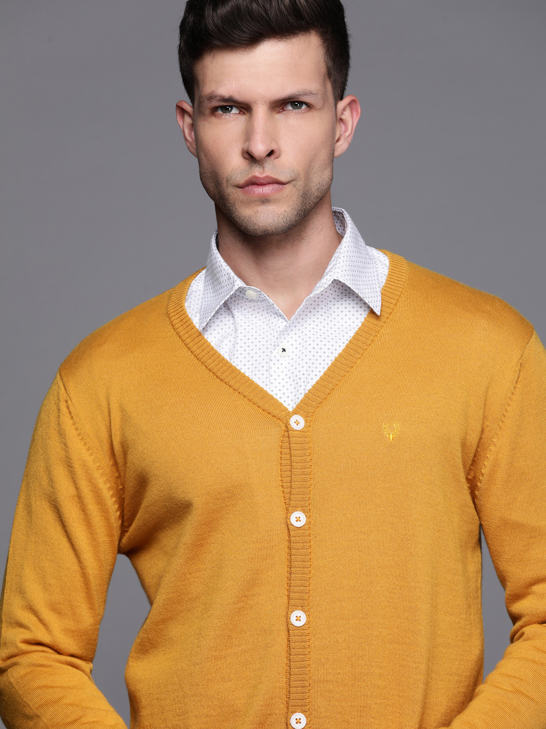 Allen Solly Men Mustard Yellow Solid Cardigan